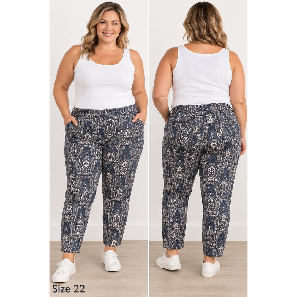 Talbots Woman Blue Paisley Medallion Ankle Pants Plus Size 22W Cotton Stretch